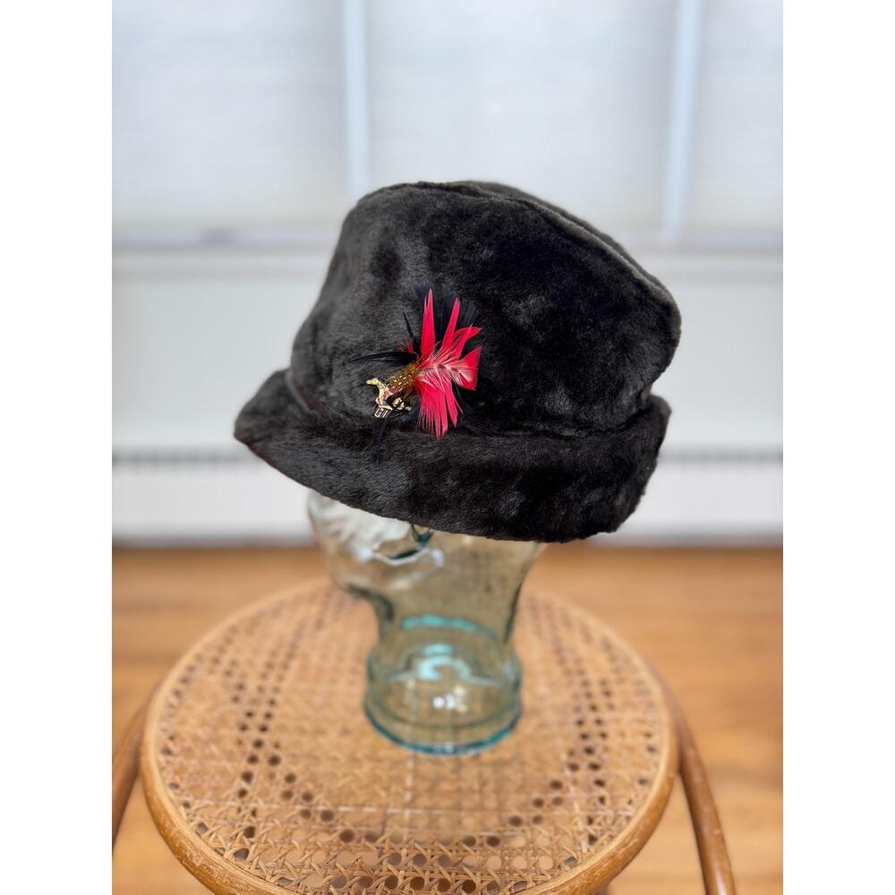 Vintage Mustang Hat, 60s Pony Car, Brown Faux Fur Fedora Red Feather, Size M - Picture 2 of 10